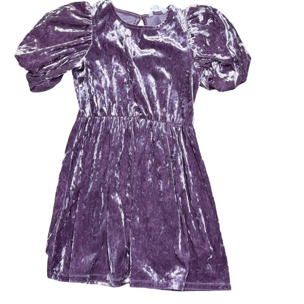 H&M Girls Purple Crushed Velvet Dress Size 6X- 7 Puff Sleeve Party